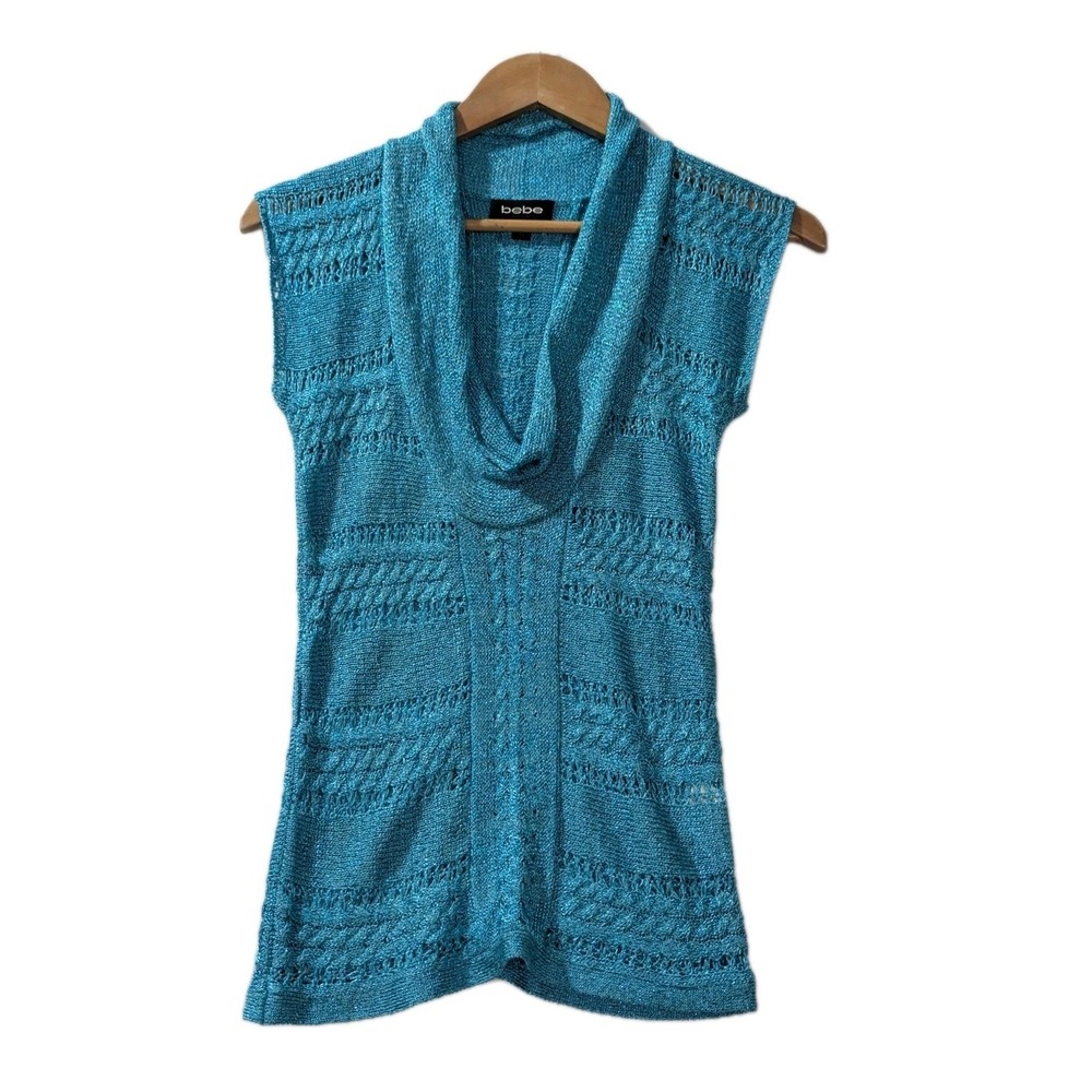 Y2K Bebe Island Blue Metallic Knit Cowl Neck Sleeveless‎ Sweater Top XS